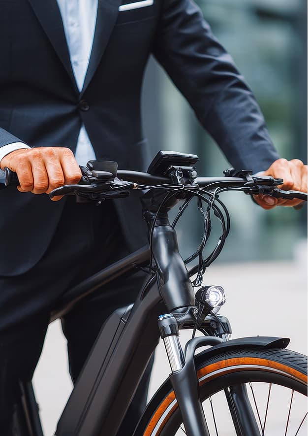 Persona in giacca che spinge una bicicletta elettrica in città