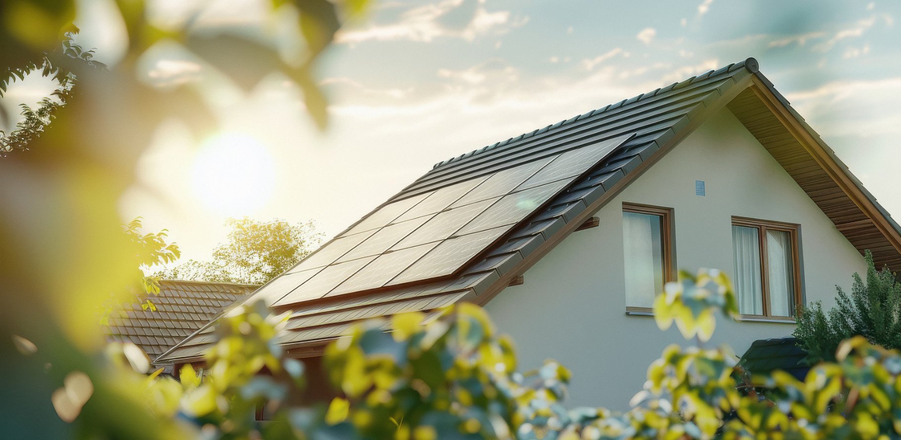 Impianto fotovoltaico sul tetto di una casa al tramonto